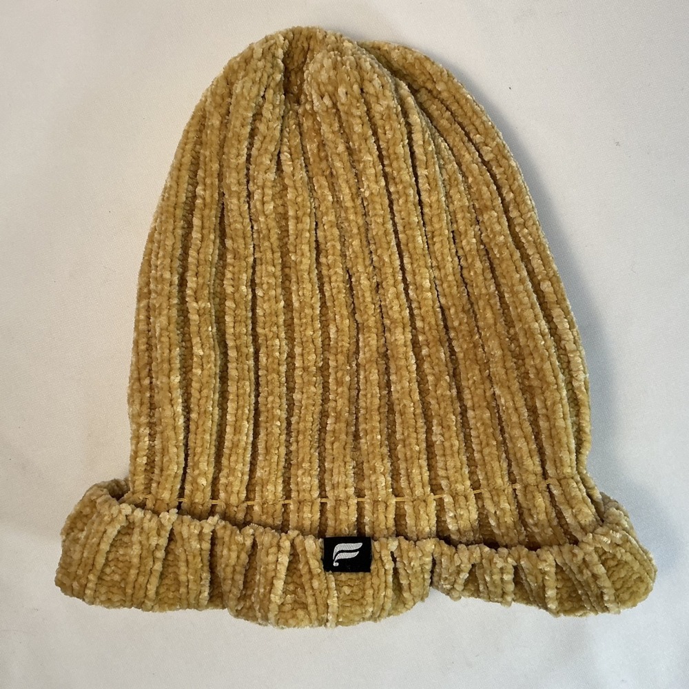 Fabletics Ribbed Chenille Beanie Hat Mustard Yellow Gold Soft Knit Cuffed O/S